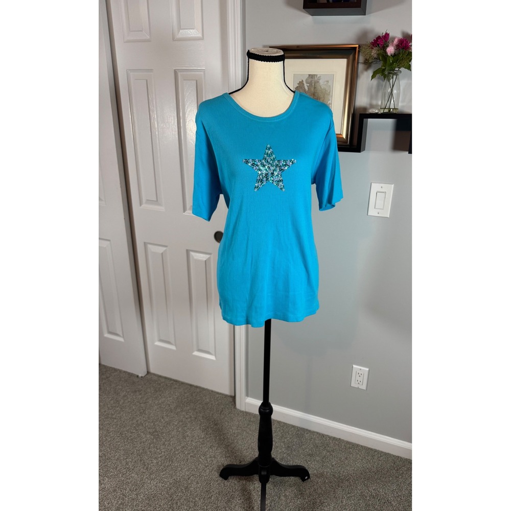 Quacker Factory Womens Blue Sequin Star Ribbed Short Sleeve Top Large